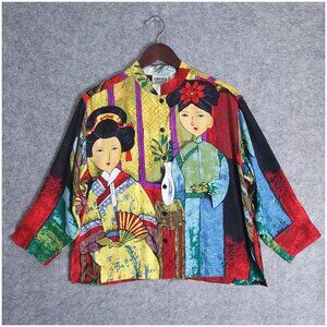CHICOS DESIGN Size 1 Silk Asian Geisha Art Print Blouse Shirt Vintage US 8/10